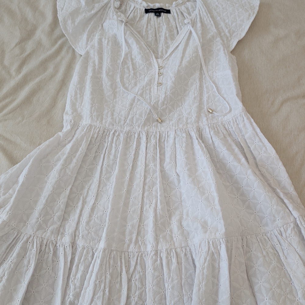 Tommy Hilfiger White Ruched Sundress with Flutter Sleeves